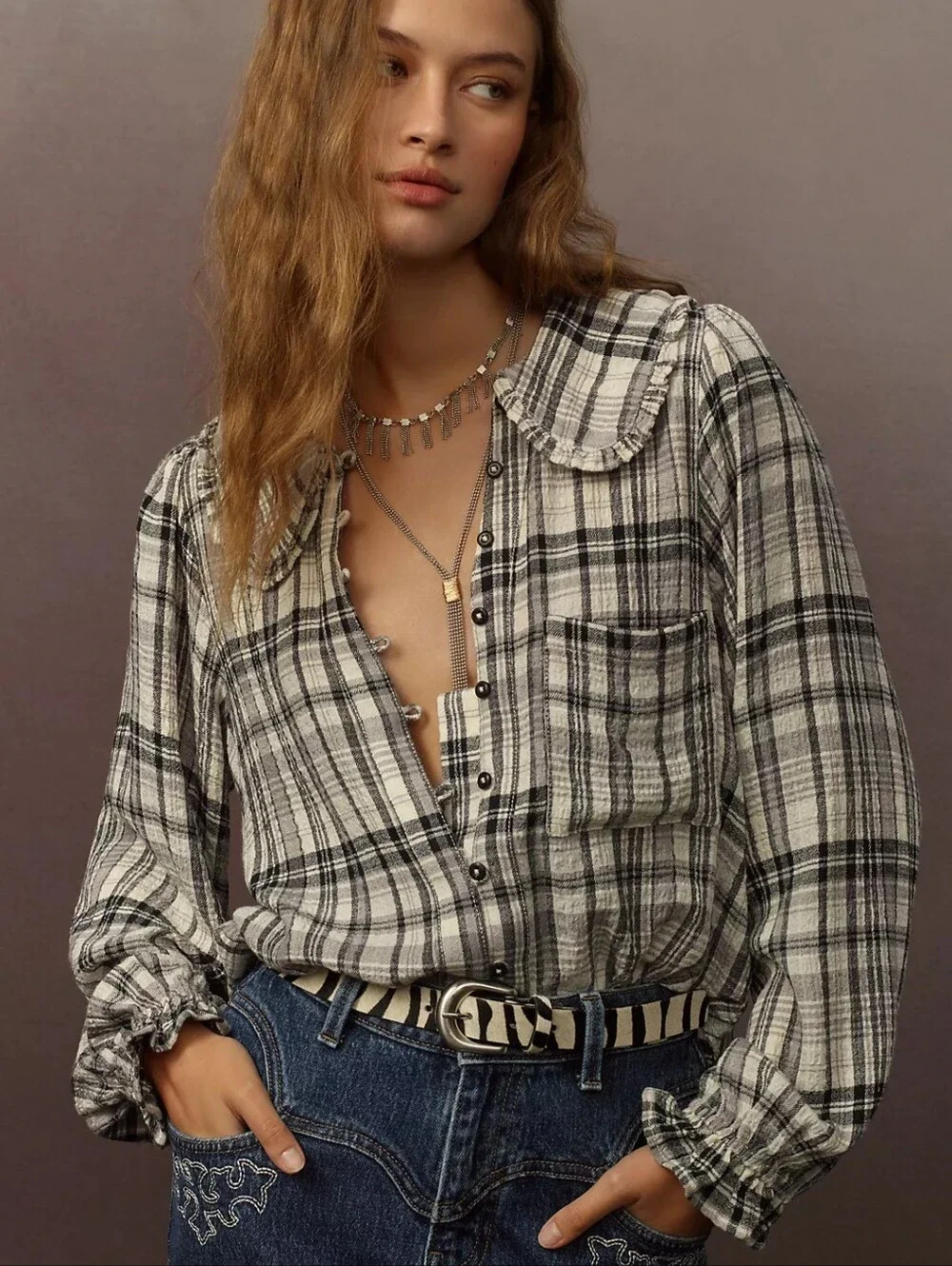 Anthropologie Pilcro Keira Peter Pan Collar Blouse Plaid Long Sleeve Size XXS